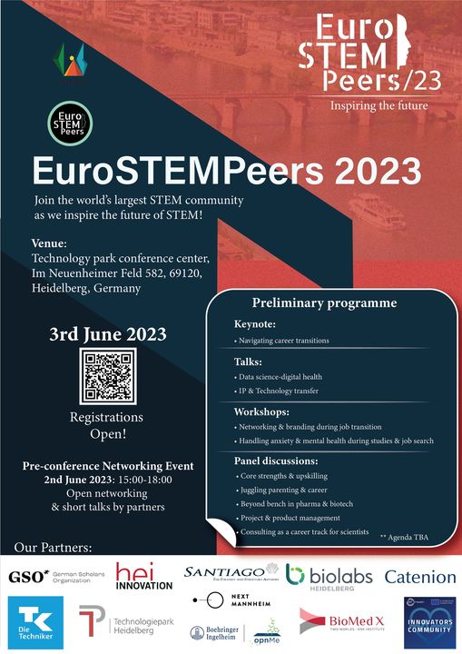 StemEuro's tweet photo. Registration Link for EuroSTEMPeers 2023: https://t.co/orX6C6XecN 
#STEM #STEMPeers #EuroSTEMPeers #Academia #Industry #Scientist #Research #EuroSTEMPeers2023 #STEMConference  #CareerBeyondResearch #Careertransition #MentalhealthinSTEM #Upskill #Trends #Digitalhealthcare https://t.co/SQfah997e8