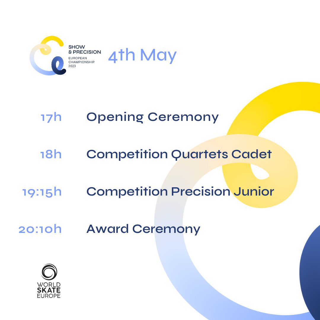 WorldSkateEU's tweet photo. #WSEArtistic | Show&amp;Precision 2023 European Championships

#Day1🔛
The competition will start at 19H CEST

Watch all the competitions live on WSE TV:
📺 https://t.co/8M6LAls44N

#ArtisticSkating
#ShowAndPrecision
#EuropeanChampionships2023 https://t.co/Q1XChIWNsT