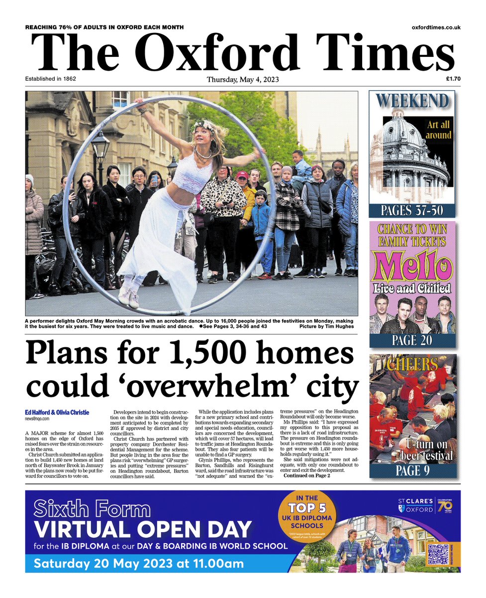 oxfordtimes's tweet photo. Good morning Oxford- Here's a look at today's front page, as we lead with the news of Christ Church's plans for 1,500 new homes at land north of Bayswater Brook. https://t.co/VAFaP2091v