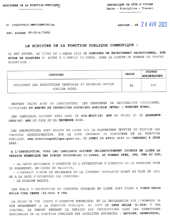 AgenceAFOR's tweet photo. Suite aux initiatives du DG de l'#AFOR, @BAMBACheickDan auprès de la Ministre de la Fonction Publique, il est ouvert un concours de recrutement des Assistants des Productions Végétales et Animales (APVA) - Option Foncier Rural pour 100 postes budgétaires.
@AnneOuloto https://t.co/wOnx6QQzJ6