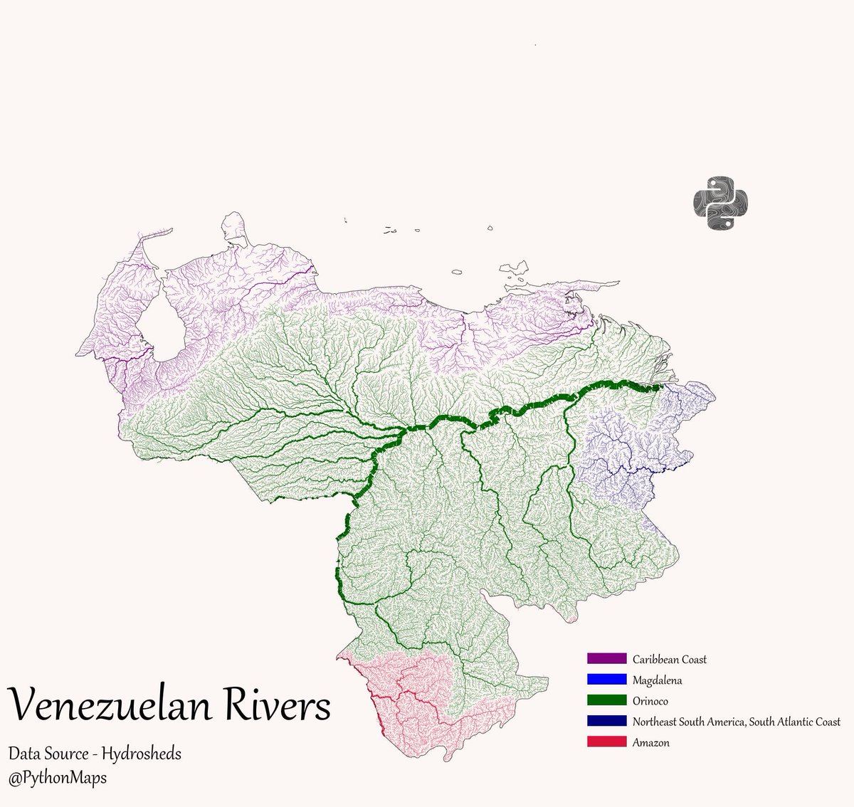 PythonMaps's tweet image. Venezuelan Rivers - This map shows the rivers of Venezuela broken down by their major hydrological basin and scaled by their discharge. #DataVisualization #Geography #Python #Data #SouthAmerica #Peru #Colombia #Venezuela