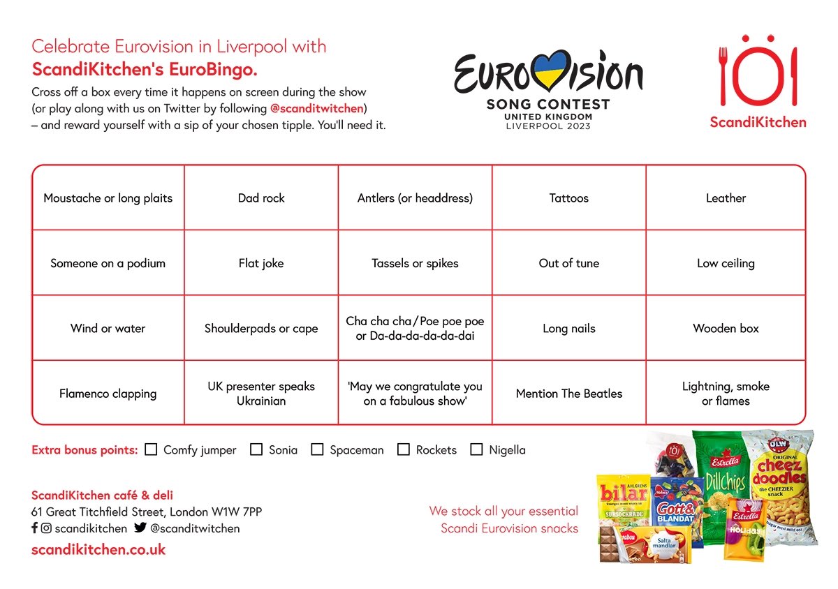 We love #Eurovision season at ScandiKitchen. Always have done. You can now pick up free Eurovision bingo cards from our cafe (we’re also including in all online orders this week). Or you can print from our website. #Eurovision2023 #Liverpool