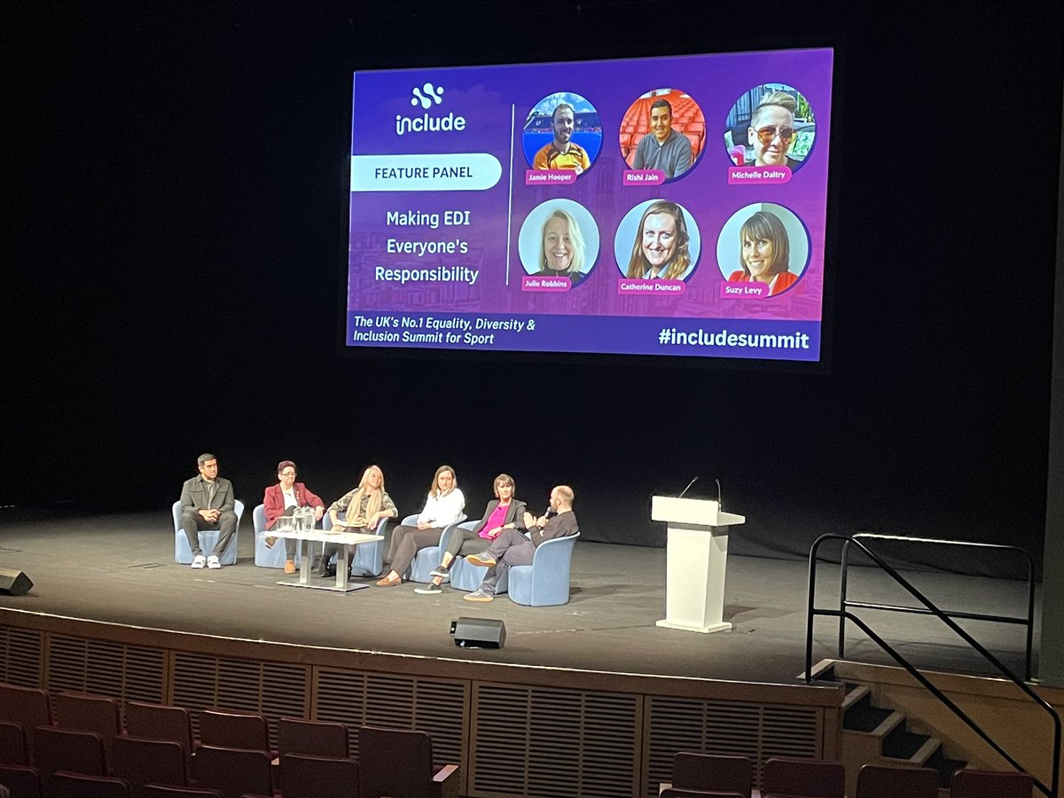 SportsMediaLGBT's tweet photo. Champions of EDI in sports on this @includesummit on responsibility, urging leads to be bolder, intersectional, and collaborative

@rishikj, @MichelleDaltry, Julie Robbins (@YouthSportTrust), Catherine Duncan (@worldsailing) &amp; @SuzyLevyTRP with @justjamiehooper 

#IncludeSummit https://t.co/8ysujqTS49