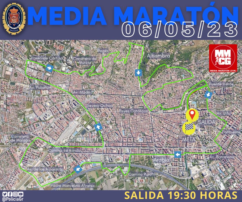 El próximo sábado, 6 de mayo, se celebra en nuestra ciudad la 39 Media Maratón Ciudad de Granada.
La salida se realizará a las 19:30 y la finalización se establece a las 22:05 horas como tiempo máximo de carrera.
Todas las vías y accesos al recorrido quedarán cortados al tráfico.