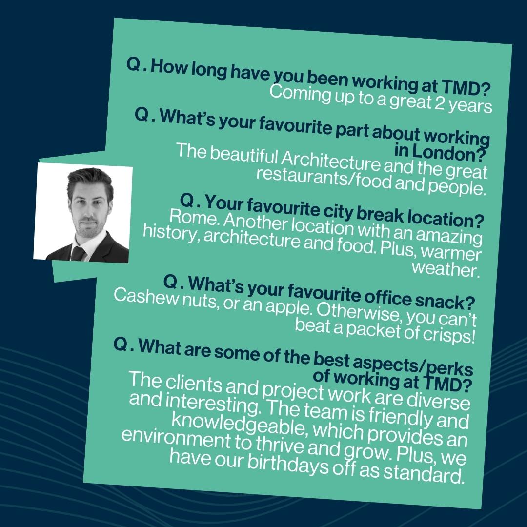 tmdSurveyors's tweet photo. Our fifth Employee Spotlight is on one of our Associate Directors, Christopher Leach, who has been with us for the past 2 years.
Take it away Chris!
#employeespotlight #employeewellbeing #london #architecturaldesigner #cdmconsultancy #surveyors #contractadministration https://t.co/DZxNnSlqcb