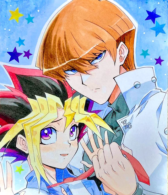 今日のアナログイラスト168日目は遊戯王の海馬くんと遊戯くんです。 高橋先生がご自身のインスタで描かれていた卒業式から4年後設定のふたりです。