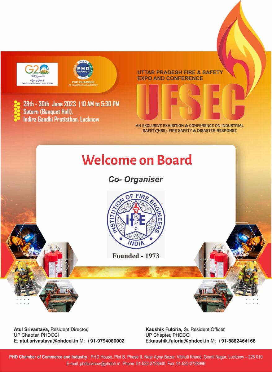 phdchamber's tweet photo. PHDCCI is delighted to welcome on board, Co-organiser, Institute of Fire Engineers, India , for the UFSEC to be held from 28th -30th June, 2023, at the Indira Gandhi Pratishthan, Lucknow

#HSE #EHS #safetyprofessional #expo #conference #industrialsafety #psul https://t.co/zW9jUSLUTL