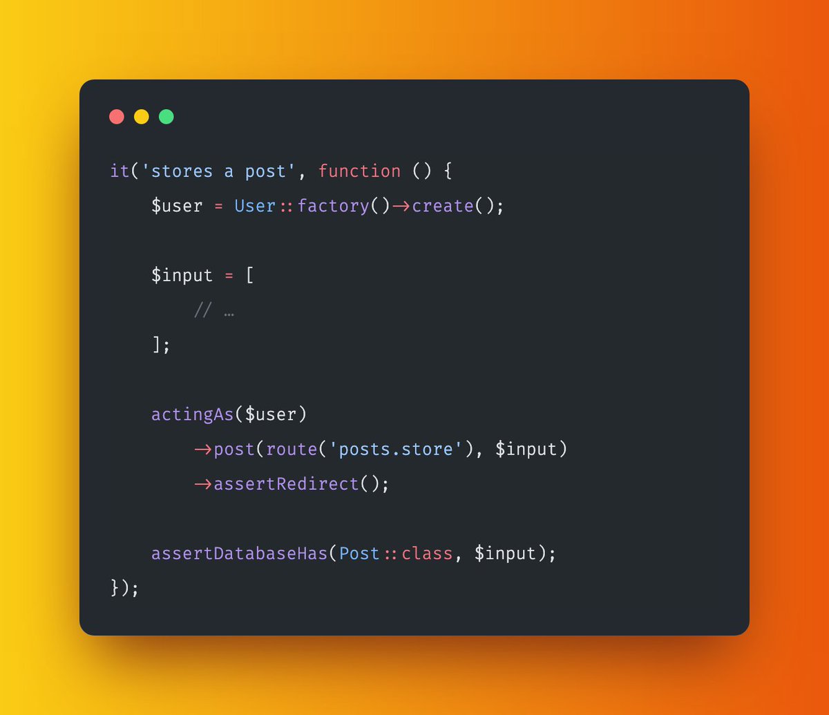 benjamincrozat's tweet photo. Good tests make the implementation irrelevant.

Here's a simplified example for Laravel:

- Screenshot #1 is the test.

- #2 is a state-of-the-art implementation.

- #3 is a weird one that doesn't help anybody.

As you can see, the test stays the same between #2 and #3. 👌 https://t.co/3cZmjc23KZ