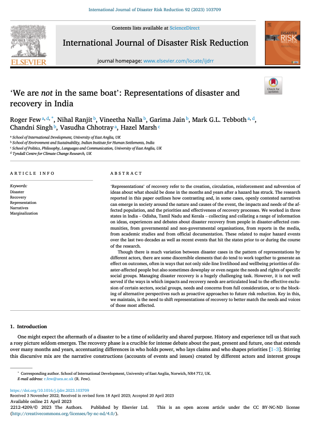 📣📣New Paper announcement📣📣
1/ New OA paper tinyurl.com/y26f87k8 on representations of disaster recovery drawing on research from India. Led by the part-time twitterer <a href="/few_roger/">Roger Few</a> with @ranjitnihal <a href="/VineethaNalla/">Vineetha Nalla</a> <a href="/garimajain2002/">Garima Jain</a> <a href="/_chandnisingh/">Dr Chandni Singh</a> <a href="/VChhotray/">Vasudha Chhotray</a> <a href="/HazelMarsh18/">HazelMarsh18</a>