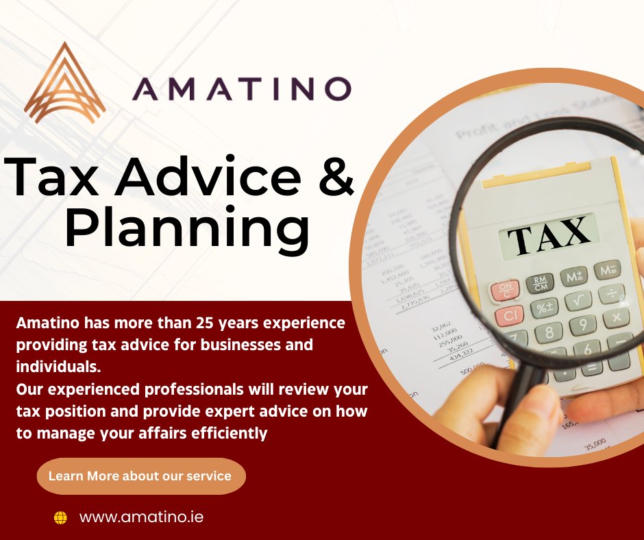 Amatino has more than 25 years of experience providing tax advice for businesses and individuals. Our experienced professionals will review your tax position and provide expert advice on how to manage your affairs efficiently. 

amatino.ie/tax/