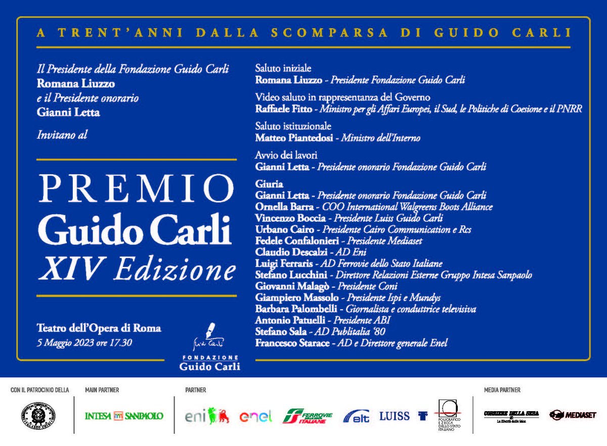 📆 #SaveTheDate Domani a partire dalle 17.30 si tiene, a trent'anni dalla sua scomparsa, la XIV ed. del #PremioGuidoCarli di cui #IntesaSanpaolo è partner: sarà in diretta sui siti di Ansa, Corriere, Tgcom24 e sulla pagina Facebook della Fondazione.
➡️fondazioneguidocarli.it/quattordicesim…