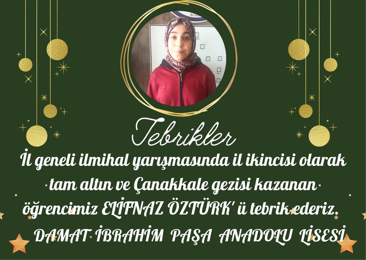 DamatLisesi's tweet photo. Sevgili öğrencimiz Elifnaz Öztürk ü yürekten kutluyoruz.
@tcmeb 
@Acigolbelediyes
@ACIGOLMEM https://t.co/nlg3Gzt1iF