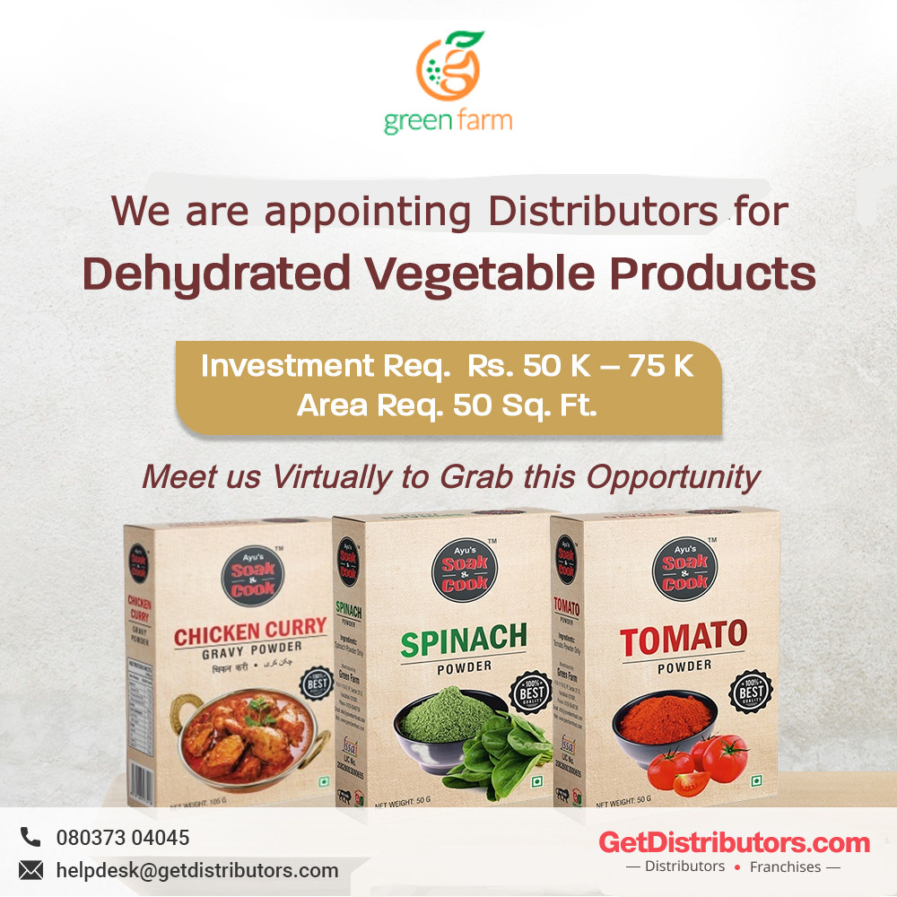 getdistributors's tweet image. We are appointing #Distributors for Dehydrated Vegetable Products. Meet us Virtually to Grab this Opportunity.
Brand 👉 Ayus Soak &amp;amp; Cook
Complete details 👉 bit.ly/3UXAVW7

#DehydratedVegetable #VegetablePowder #Distributorship #Dealers #Wholesalers #AppointDistributors