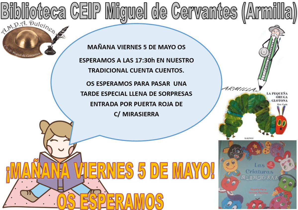 AMPADulcinea's tweet photo. CUENTA CUENTOS ABRIL
Como es habitual, mañana viernes 5 de mayo, tendremos la posibilidad de disfrutar de nuestro cuenta cuentos mensual correspondiente al mes de abril.
Pasaremos una tarde entretenida llena de sorpresas con unas actividades divertidísimas.
¡OS ESPERAMOS! https://t.co/pbp1mfoLAc