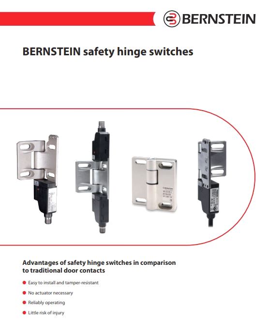 Bernstein Safety hinge switches offer a safe, complete solution for guards, combining a hinge and a safety switch. They are suitable for rotatable, hinged gates and flaps.
Once installed, you not only benefit from high machine/plant availability but also from defeat/manipulation