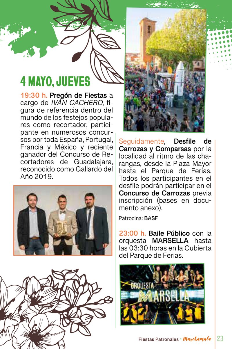 📢 ¡¡POR FIN!! HOY ES JUEVES DE FIESTAS 🥳

⏰ 19.30h - Pregón de Fiestas de <a href="/CacheroIvan/">Ivan Cachero🤴🏿💎</a> + Desfile de Carrozas y Comparsas
📍 Plaza Mayor

⏰ 23.00h - Música en directo con Orquesta Marsella
📍 Cubierta del Parque de Ferias

PROGRAMA COMPLETO:
➡️marchamalo.com/noticias/event…