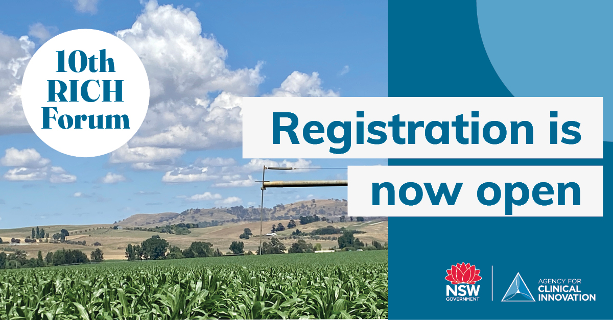 Registration is now open for the 10th Rural Innovations Changing Healthcare Forum 2023. Join us via Zoom on 13 June as we hear from keynote speakers, @drcathcosgrave, Prof. Jenny May and Luke Sloane as they showcase rural models of care: bit.ly/3mZHvAw #RICH2023