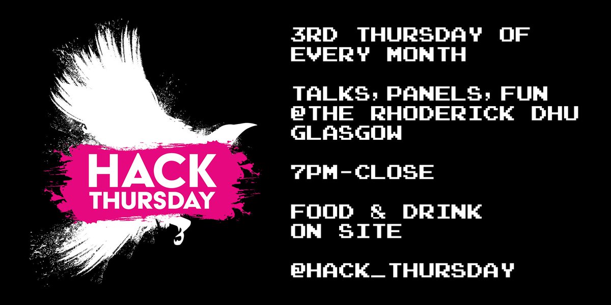 Hack_Thursday's tweet photo. By popular demand due to the mysterious pool table and the "Im sorry I cant hear you because playing darts involves shouting" crew - We have moved venue!

We're now in the function room of The Rhoderick Dhu (G2 6BZ)

It's bigger, it's better, and it doesn't have a pool table. https://t.co/hSCyHe9yPH