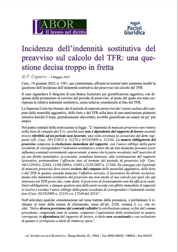 - Incidenza dell’indennità sostitutiva del preavviso sul calcolo del TFR: una questione decisa troppo in fretta -  |  Per saperne di più: filippocapurro.it/incidenza-dell… #dirittodellavoro #giuslavorista #licenziamenti #TFR #preavviso