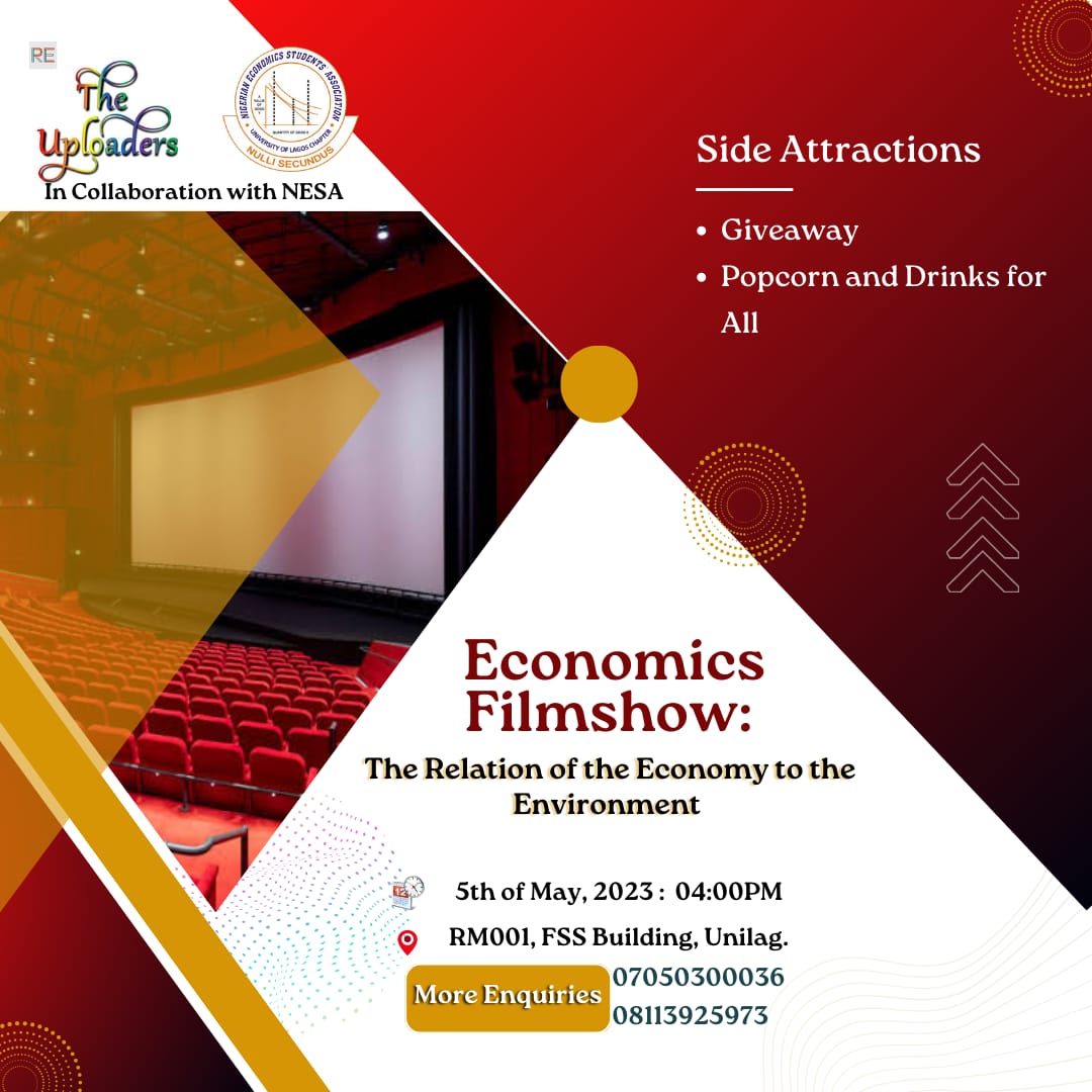 RE_TheUploaders's tweet photo. The Economics Film Show📺 is tomorrow!
This is a great opportunity🤩
Don't let it pass you by!
Additionally, there will be a Q&amp;A session with prizes to be won😍🤗
See you there tomorrow at 4pm!👊
#economics #economicsfilmshow #unilag #RETU #nesa https://t.co/mSd0eDMMKS