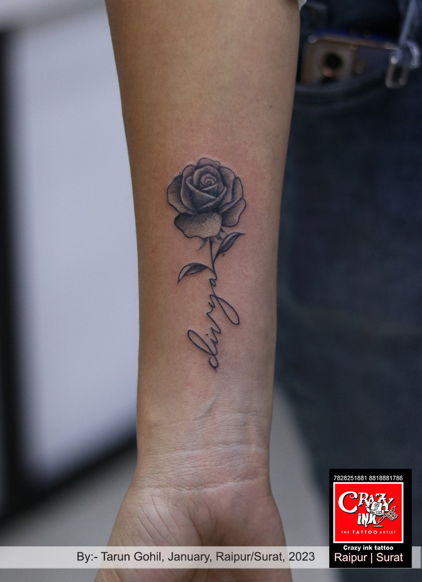 crazyinktattoo3's tweet photo. #roseflowerwithnametattoodesign #roseflowertattoo #nametattoo #rosetattoo #flowertattoo #wristtattoo #divyanametattoo #flowerwithnametattoo #rosetattoos #flowertattoo #raipurtattooartist #surattattooartist #crazyinktattoo #tattooshop #tattoolover https://t.co/LeLjDCfkdU