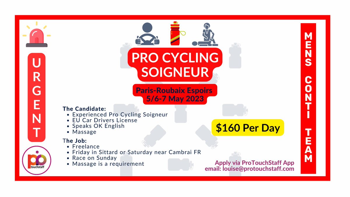 Last Minute Soigneur Role
This weekend at Paris-Roubaix Espoirs
Help us find this team a soigneur and share this post please! 

#soigneur #cycling #HIRINGNOW #physio #cyclingphysio