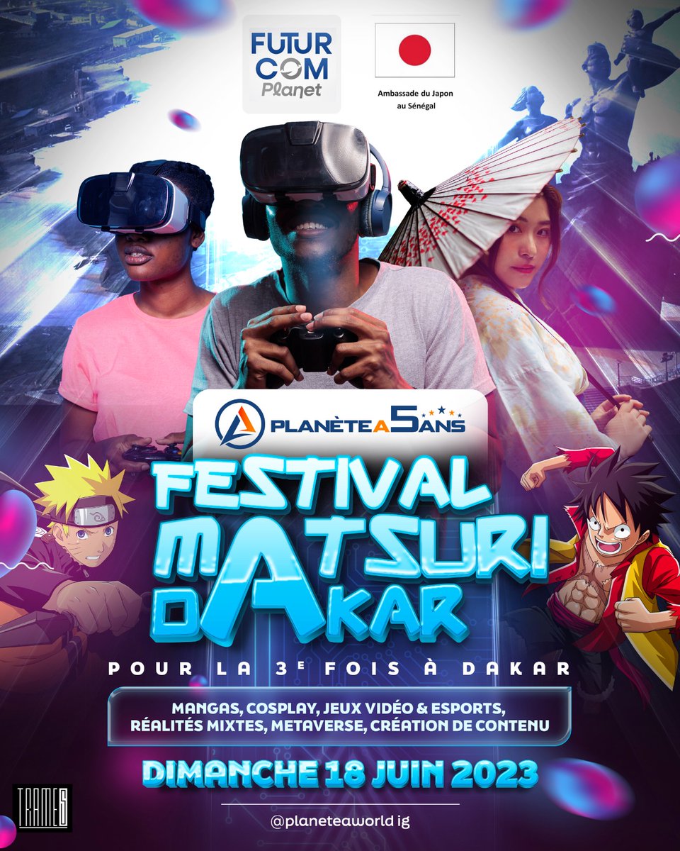 Evènement 🎮│Cher(e)s amateurs de jeux videos et Esports, de mangas animés et de cosplay, la date du festival PlanteA est maintenant fixée. Retenez bien le dimanche 18 juin 2023 à l'espace Trames de Dakar.
Nous y serons...et vous, vous y serez???
Ne le rater surtout pas.
