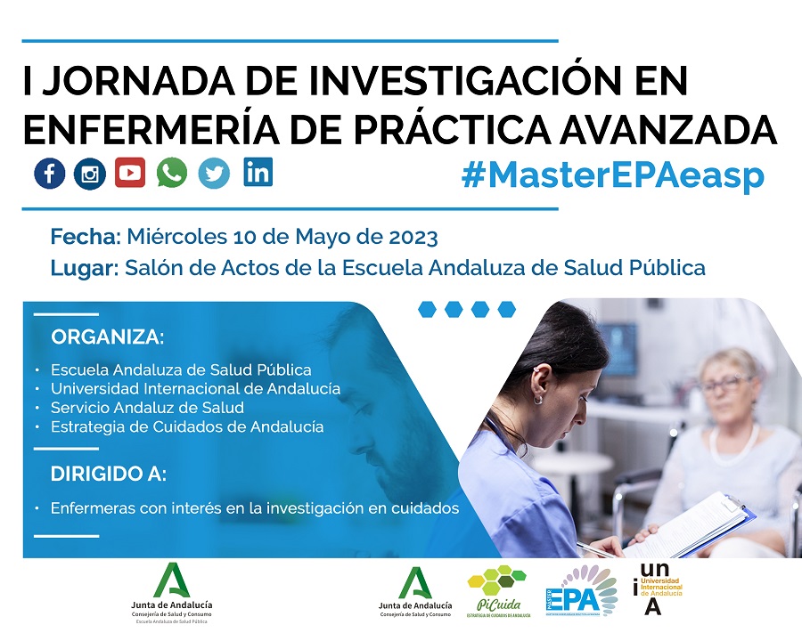 I Jornada de Investigación en Enfermería de Práctica Avanzada #EPA #másterEPAeasp

🏛️ Presencial EASP
🗓️ 10 de mayo
❗ Inscripción hasta mañana (5 may)

👁️ easp.ws/jorepa23t

Enfermeras con interés en la investigación en cuidados
Solicitada acreditación a <a href="/calidadACSA/">Agencia de Calidad Sanitaria de Andalucía</a>