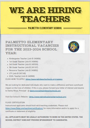 PalmettoElemWPB's tweet photo. Join our Panther Family!! We have some PAWesome openings💙💛🐾 @pbjmooney @LiterateLatina 
https://t.co/RjeNVo0yOD https://t.co/brD0LIEgOO