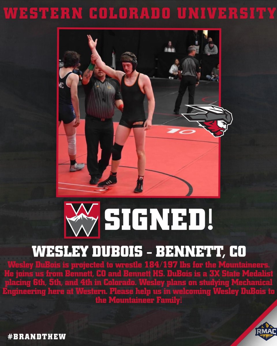 Red Tornado, help us in welcoming Wesley DuBois to the Mountaineer family! Wesley wrestled for Bennett HS here in Colorado where he finished his career as a 3X state medalist! DuBois plans on wrestling 184/197 for Western!