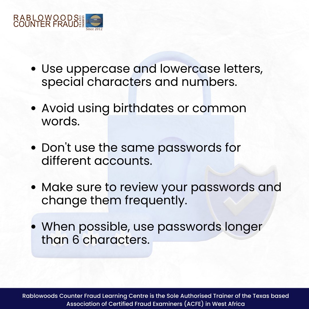 Today we celebrate World Password Day by sharing tips to help you create stronger passwords.

Check your passwords, do they meet these criteria? If not, it's time to change them.

Always keep your information secure! 🔐

#Rablowoods #WorldPasswordDay #WorldPasswordDay2023 #Fraud