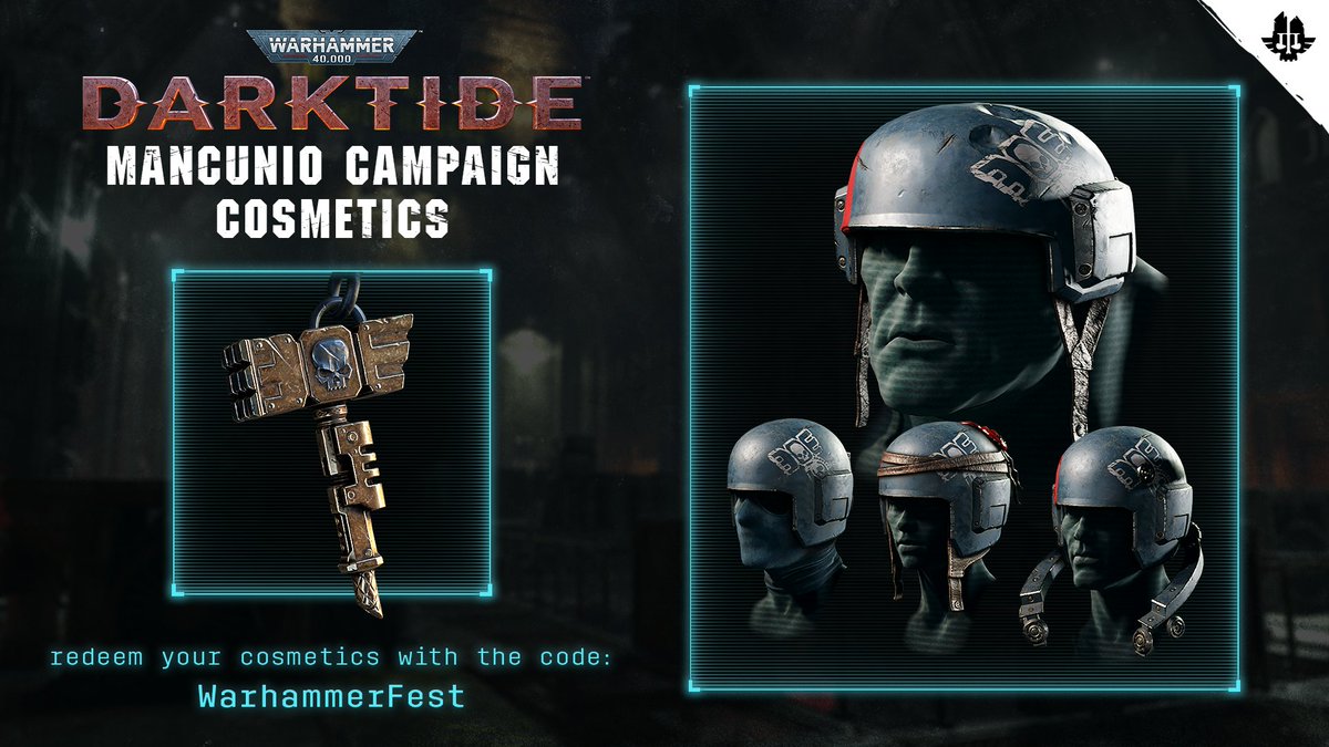 DarktideComms's tweet photo. Rejects, Warhammer Fest might be over but we do have some cosmetics to keep the celebration going in Tertium! Claim your helmets and trinket with the code WarhammerFest here: https://t.co/wRASH50xnN

Code is available to claim until 18 May 2023 https://t.co/ryRbg1Qyhd