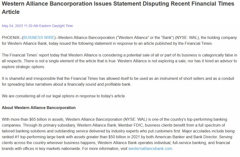 MouthPurdy's tweet photo. Western Alliance Bancorporation Issues Statement Disputing Recent Financial Times Article $WAL https://t.co/sIB4nT6Q1M