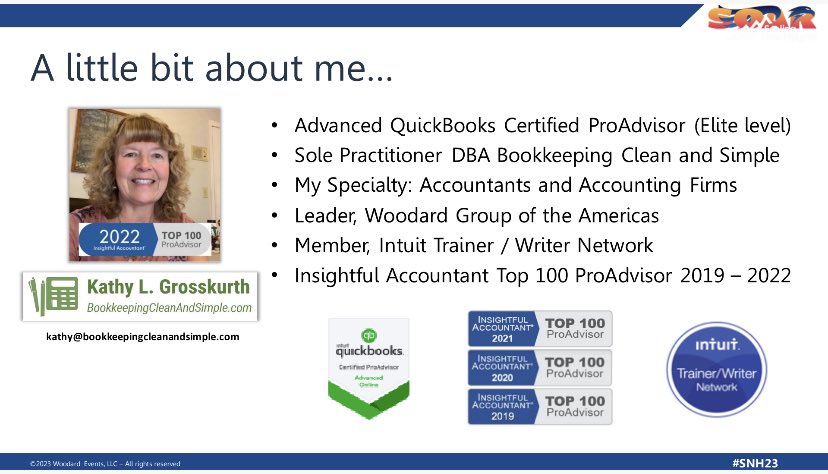 KathyGrosskurth's tweet photo. I’m pleased to announce that I’m presenting at #ScalingNewHeights!

Join me for a overview of the QuickBooks Online Accountant's key components. Don't miss out on this opportunity to streamline your firm w/ tools already available to you! #QBOA #accounting #QuickBooks #SNH23 https://t.co/qSQAejZM6o