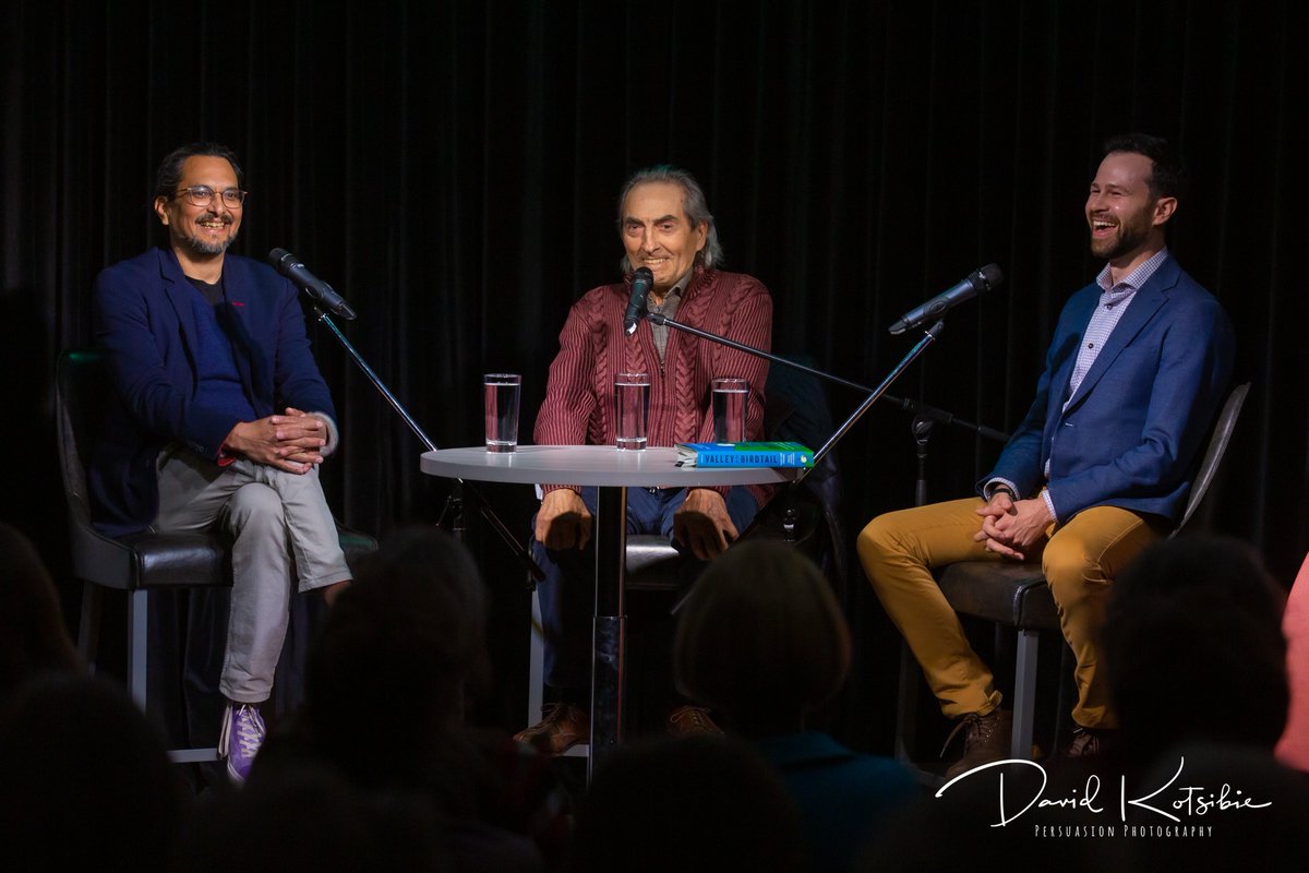 StoboSniderman's tweet photo. Life highlight alert: in Calgary we got to speak about our book, Valley of the Birdtail, with Phil Fontaine, who was wise, charming, and hilarious. Thank you to @WordfestTweets and those who packed the house. https://t.co/5y07DiNQPZ