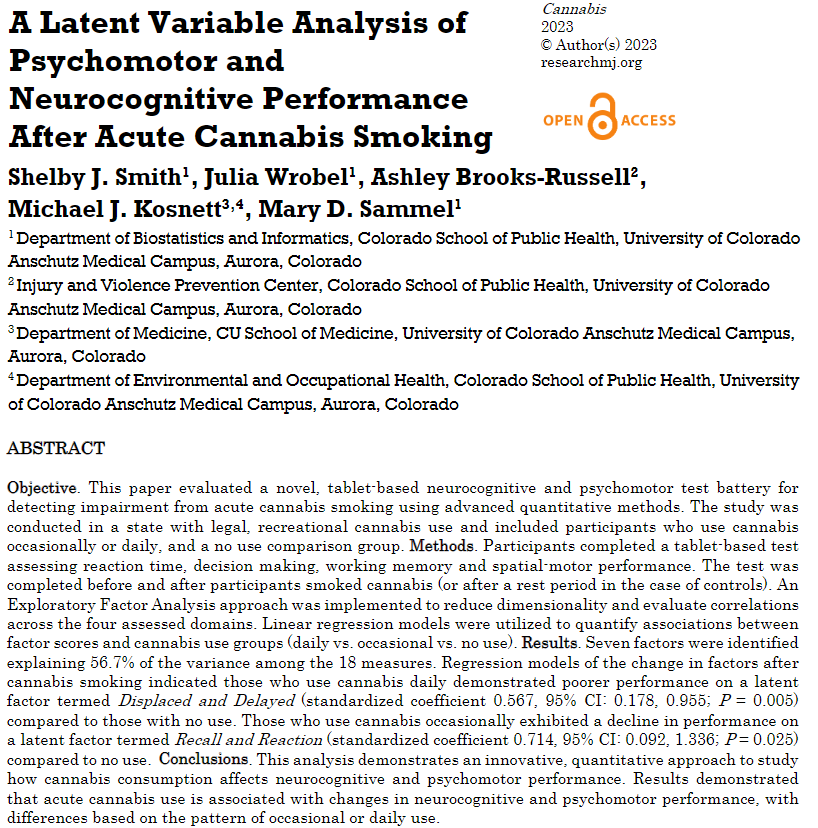 ResearchMJ's tweet photo. New #Cannabis publication! A Latent Variable Analysis of Psychomotor and Neurocognitive Performance After Acute Cannabis Smoking. @shelbyjane12  @julialwrobel @AshleyB_Russell @ColoradoSPH @InjuryCenterCO @CUMedicalSchool
https://t.co/p7BnmfRC2z https://t.co/sEImAg1Mio