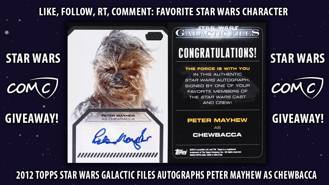 CheckOutMyCards's tweet image. COMC GIVEAWAY: Like, follow, RT, and Comment your favorite Star Wars character for a chance to win this 2012 Topps Star Wars Galactic Files Auto of Peter Mayhew as Chewbacca! Contest will end May 6th at 11:59PM PST. Winner will be chosen randomly and must have a COMC account. 🌌