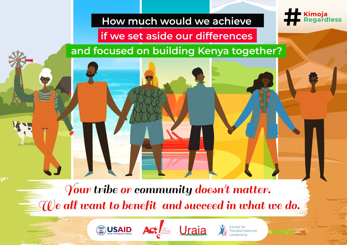 CTLKenya's tweet photo. Breaking down walls &amp; uniting around common goals is the foundation of social cohesion. We all share the same desire— to succeed &amp; thrive regardless of our communities or tribes. All we need is to embrace our differences &amp; be #KimojaRegardless

@USAIDKenya @tendasasa  @UraiaTrust https://t.co/gA1fWIKQBo