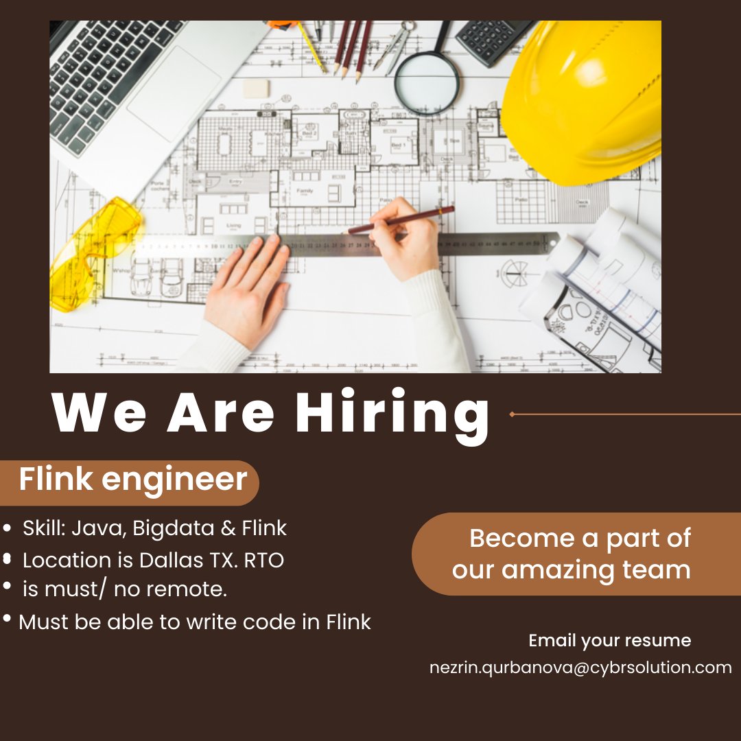 CybrSolution's tweet photo. We are hiring!

Job title: Flink engineer
Location: is Dallas TX. RTO is must/ no remote #vacancy #job #engineer https://t.co/Kbwxj3oTOo