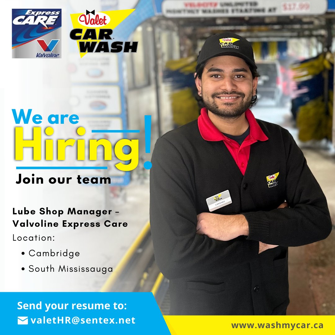 Attention all car enthusiasts! Valet Car Wash is hiring for the position of Lube Shop Manager in #Cambridge and #SouthMississauga. Do you have what it takes to keep our customers' cars running smoothly? Apply now and join our dynamic team
#MississaugaJobs #CambridgeJobs #ApplyNow