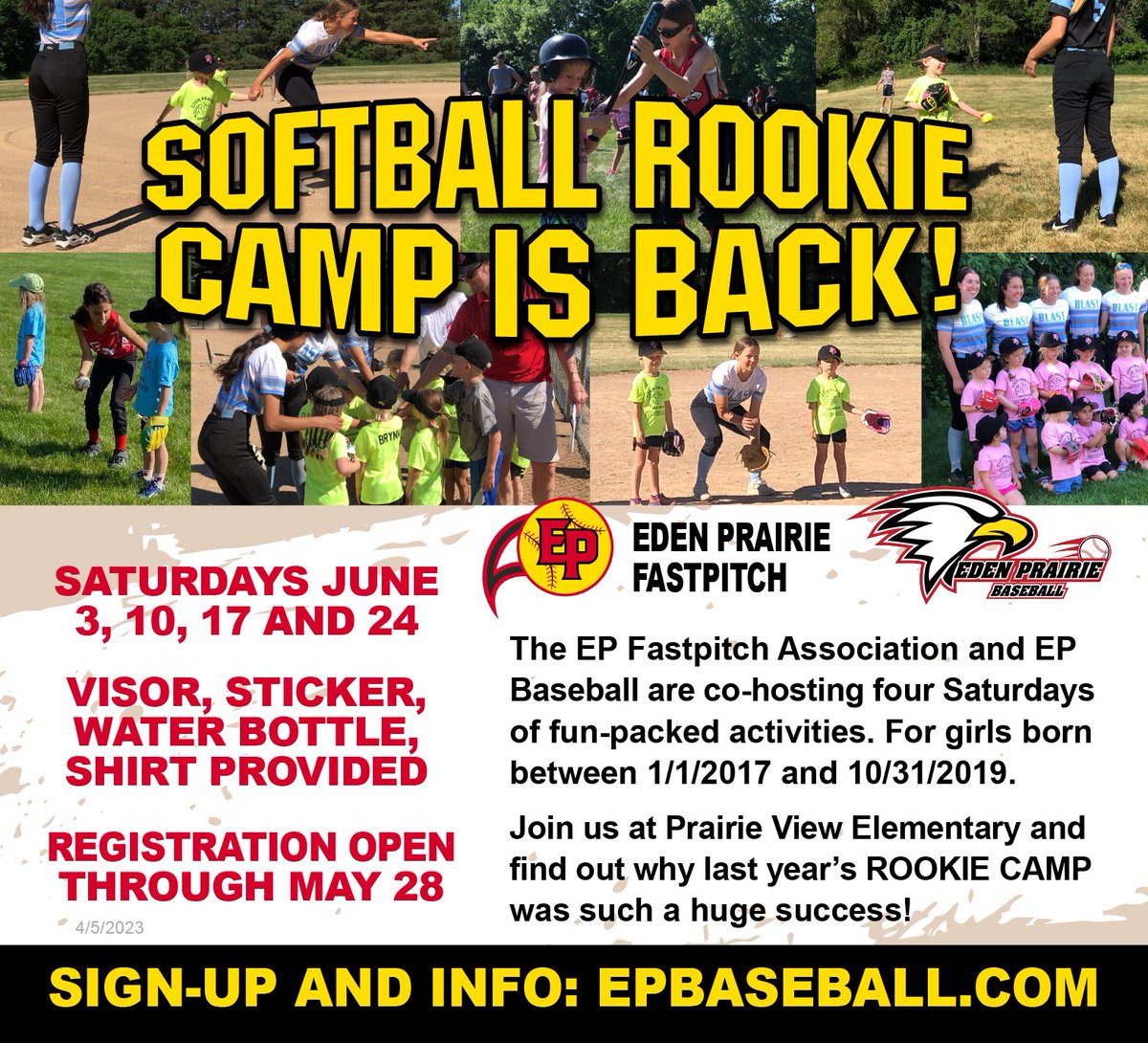 Curious about Softball but Don’t Know How to Get Started? Come to Rookie Camp this June!! No experience necessary. Taught by EP Fastpitch players! Earn a EPFA visor, water bottle and t-shirt. Open to girls born 1/1/17 and 10/31/19. Head to EPBaseball.com to register.