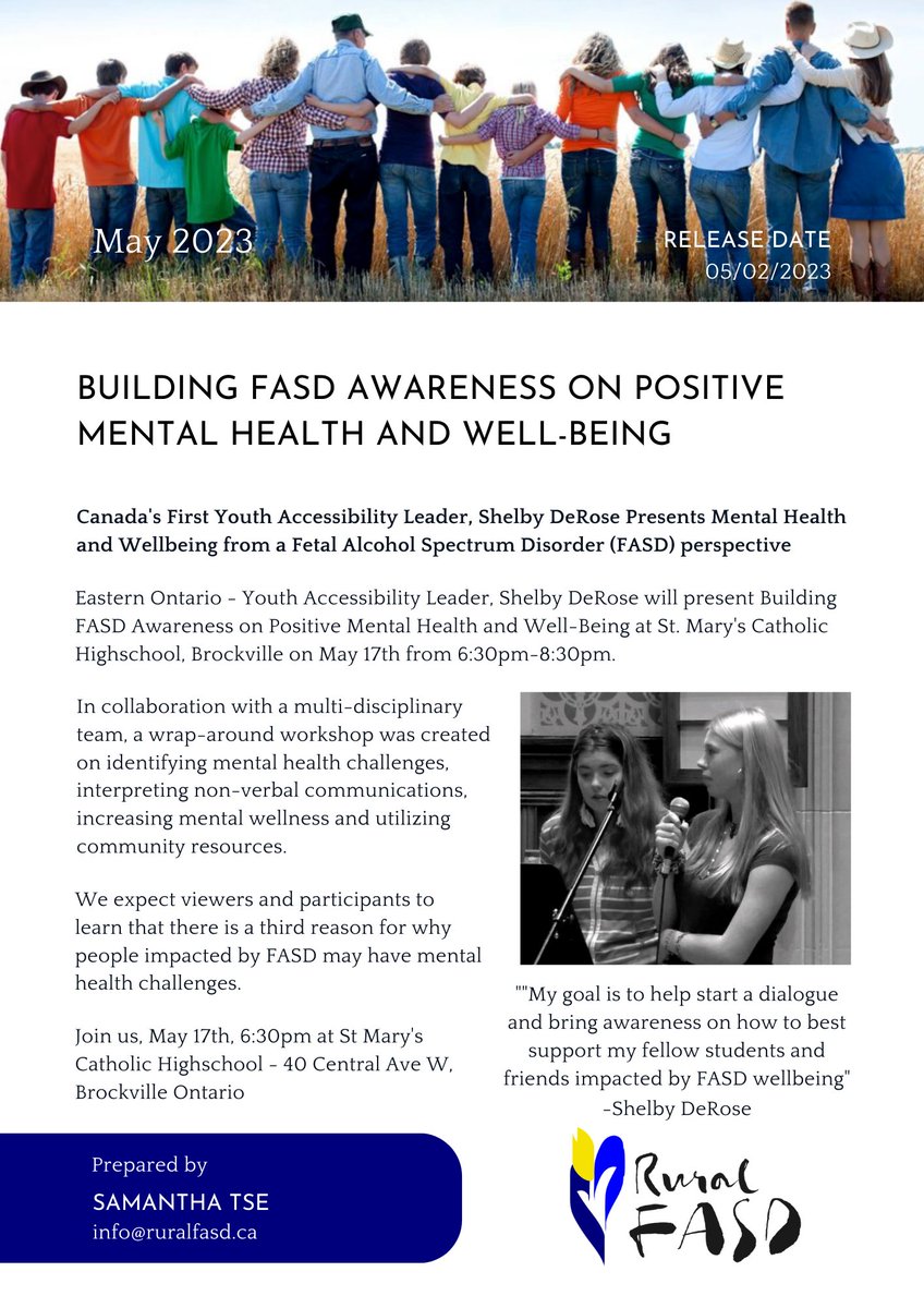 Upcoming event: Building FASD Awareness on Positive Mental Health and Well-Being.
Join us: May 17th 2023 from 6:30-8:30 at St. Mary's Catholic School, Brockville.

#fasd #fetalalcoholspectrumdisorder #awareness #mentalhealth #easternontario #brockville #smithsfalls #rural #lanark
