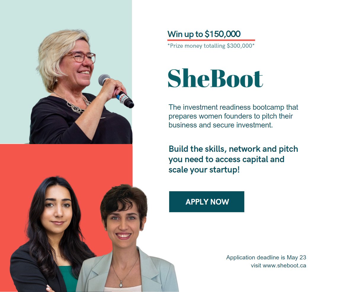 Invest_Ottawa's tweet image. 🔔 SheBoot applications are OPEN!
📝 Apply now to join our 2023 Fall cohort, ready your startup to land investment and pitch for prize money totaling $300,000. 💸

📅Remember to hit submit by the May 23rd deadline: sheboot.ca
#SheBoot @CapitalAngels