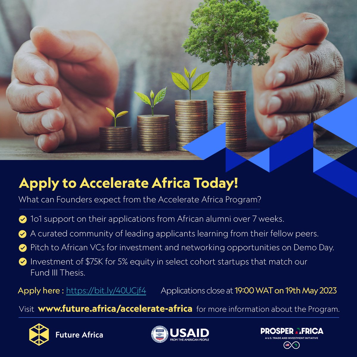 anafricanfuture's tweet photo. Calling all African startups! Apply to Accelerate Africa for a chance to receive 1o1 support, join a curated community, and pitch to VCs for investment. Plus, selected cohort startups will receive $75K for 5% equity. Don't wait; Apply by May 19th! https://t.co/uHHlLc1ySl https://t.co/KKRu1kHgEz