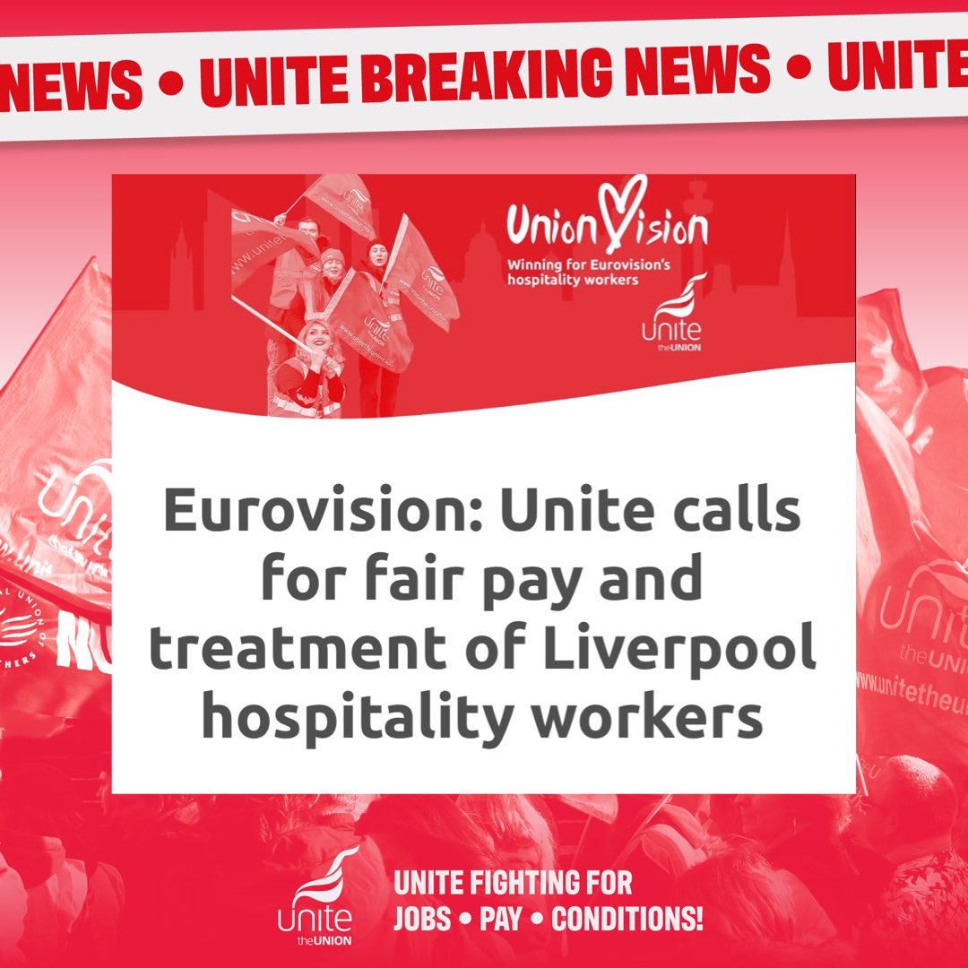 unitetheunion's tweet photo. #UnionVision is being launched during Eurovision week as part of Unite’s drive for #Liverpool hospitality workers to be paid at least the Real Living Wage of £10.90 per hour.
Come and join us in Liverpool ⤵️
https://t.co/UEjvXbnY5u
Full story here ⤵️
https://t.co/qLINHZ53to https://t.co/6ZqOYWWLiq