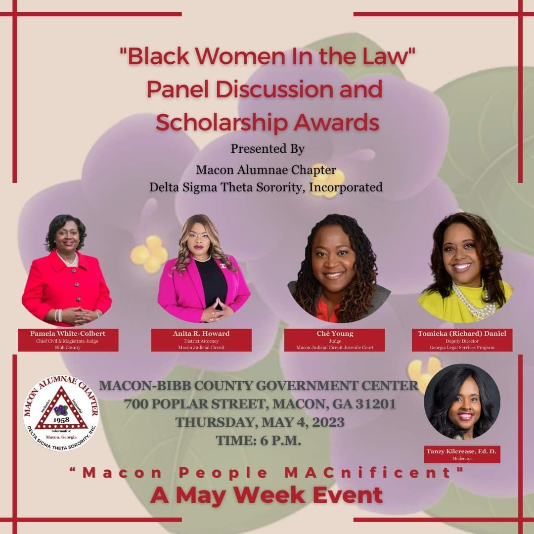 MaconAlumnaeDST's tweet photo. Join us for our "Black Women in the Law" panel discussion and Scholarship Awards recognition program.
#MayWeek2023 #HonoringCommunityLeaders #PoliticalAwarenessAndInvolvement #DST1913 #SRDST #MACnificent https://t.co/4LFVoLFxMK
