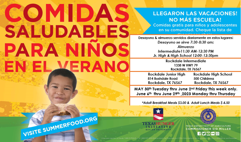Rockdale ISD is offering Free Summer Meals for kids and teens beginning May 30th.

#BeRockdaleProud
#iheartrockdale