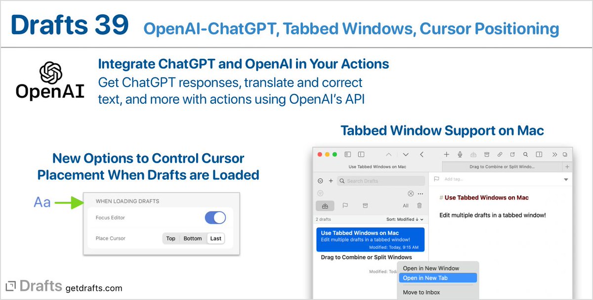 Drafts 39 is out! OpenAI-ChatGPT integration, Tabbed window support on Mac, Cursor positioning options. Details: forums.getdrafts.com/t/drafts-39-re…