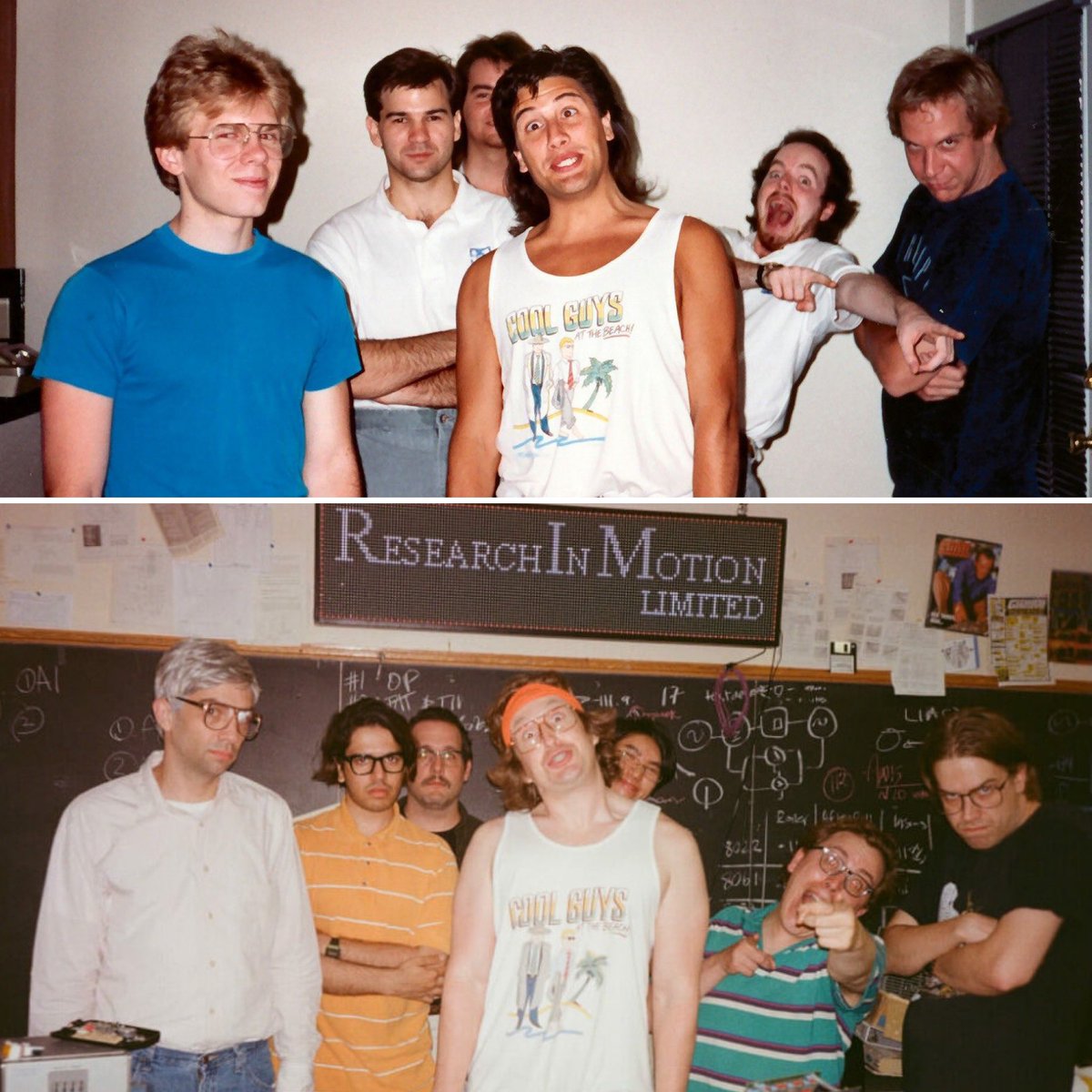 thewaybackplybk's tweet image. Man this is great, with the BlackBerry movie on the way (May 12), the bottom photo of the cast from the movie gives a nice little nod to the original ID Software team photo @romero #researchinmotion #blackberry #idsoftware (article on Betakit)
