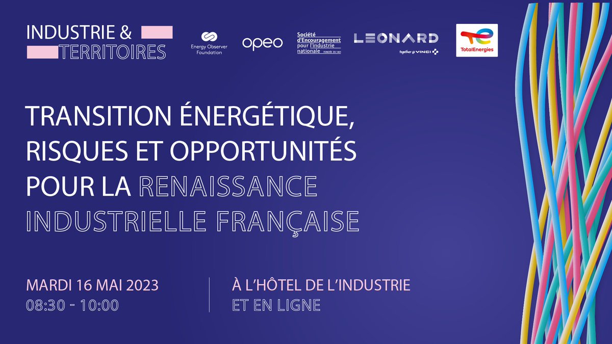 📣« Au milieu de toute crise se trouve une grande opportunité. »
Découvrez la dernière conférence #5 du cycle #industrie et #territoires : Transition énergétique, #risques et opportunités - Renaissance industrielle. 
Mardi 16/05 de 8h30 à 10h00 à l'Hôtel de l'Industrie &amp; en live
